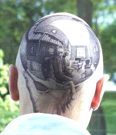 Tags: bald, body art, Escher, photo, reflection, tattoo