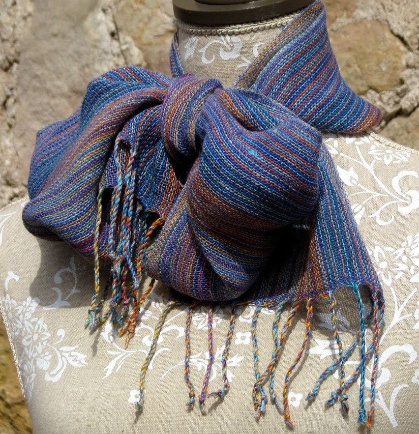 Linen Scarf-  Handwoven Multicolor & Violet