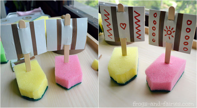 sponge and sticky tape sail boats - frogs and fairies