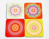 Set of 4 retro designed coasters printed various colorful  mandala designs