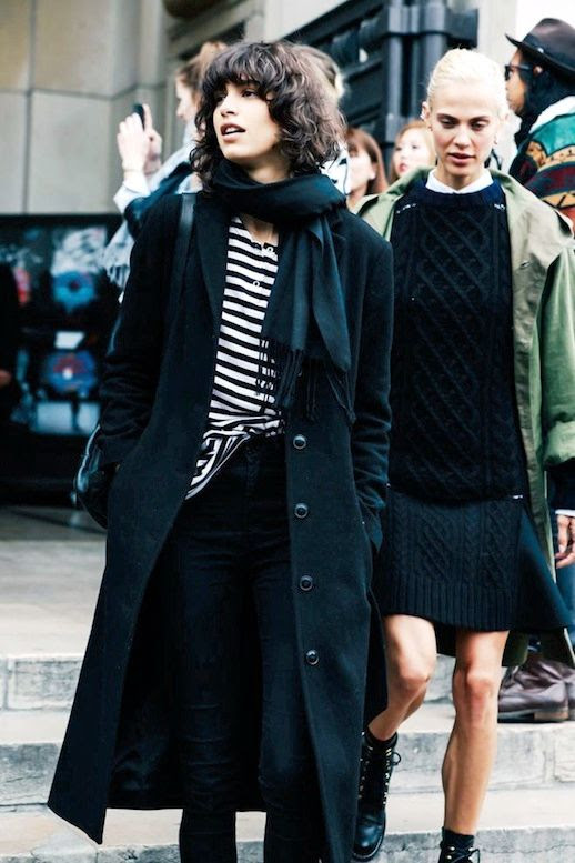 Le Fashion Blog Mica Arganaraz Model Off Duty Street Style Fringe Scarf Striped Tee Longline Coat Dark Wash Jeans Via Vogue Paris