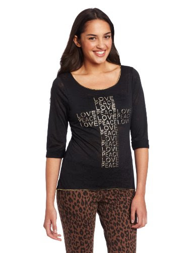 Spoiled Juniors 3/4 Sleeve Burn Out Peace Love Cross, Black, Small 