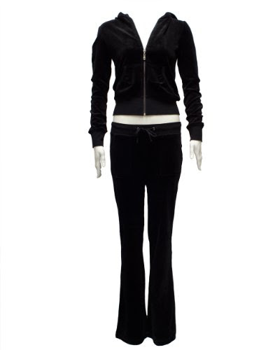 Ladies Velour Hoody Tracksuit Kangaroo Pocket Black