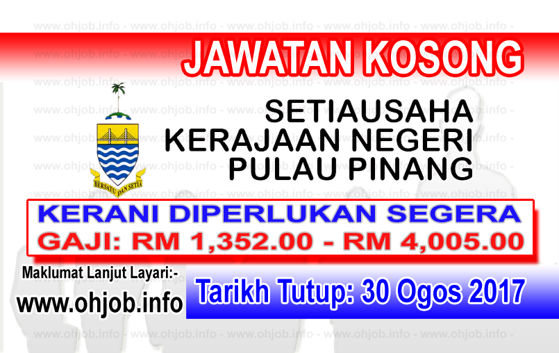 Jawatan Kosong Kerajaan Negeri Pulau Pinang (30 Ogos 2017)