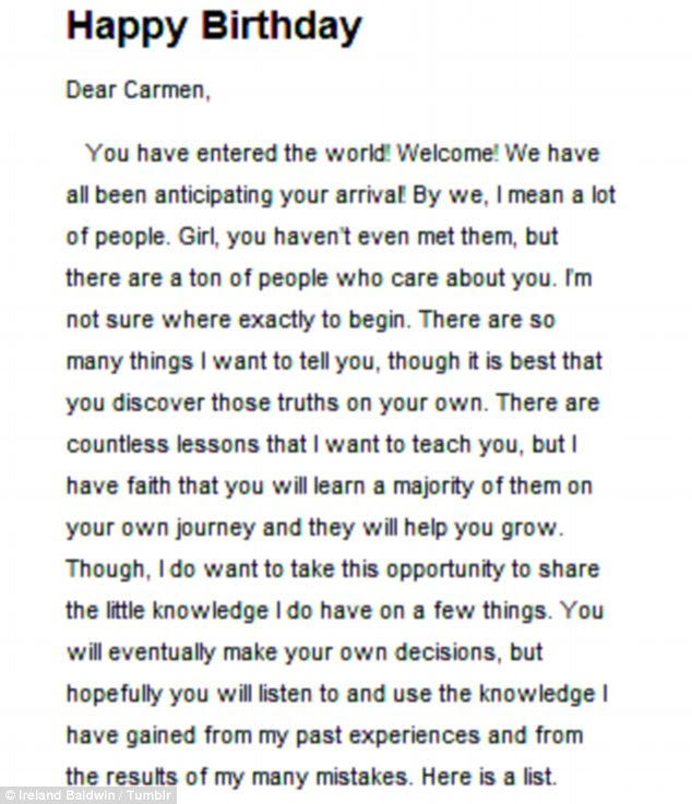 Words of wisdom: The model passed down advice to Carmen in the letter posted on her Tumblr on Friday
