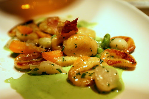 Crispy Potato Gnocchi, english pea & tallegio fonduta, early spring vegetables, prosciutto crisp
