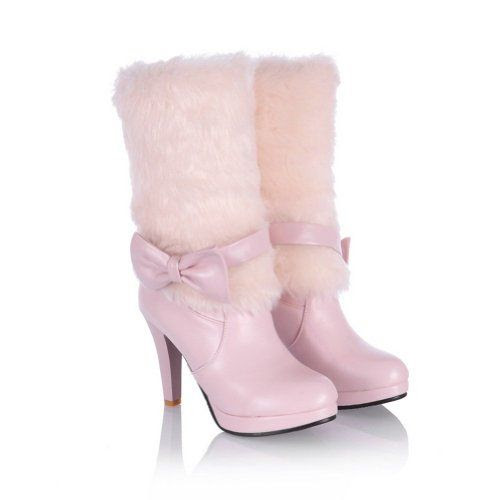 cone karst calf Cone Ornament Boots Shoes Platform PU Heels Bowknot: Mid Fur with