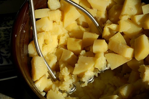 Mashing yellow fin potatoes by Eve Fox, Garden of Eating blog