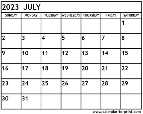 Monthly calendar for the month july in year 2023. july 2023 calendar printable