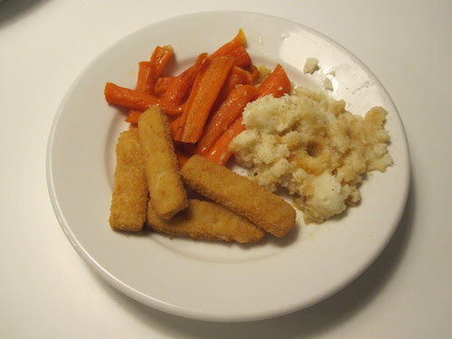 Fish sticks, leftover veggies