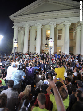 A crowd gathers outside the Centre County Courthouse in Bellefonte, Pennsylvania, to await the Sandusky verdict.
