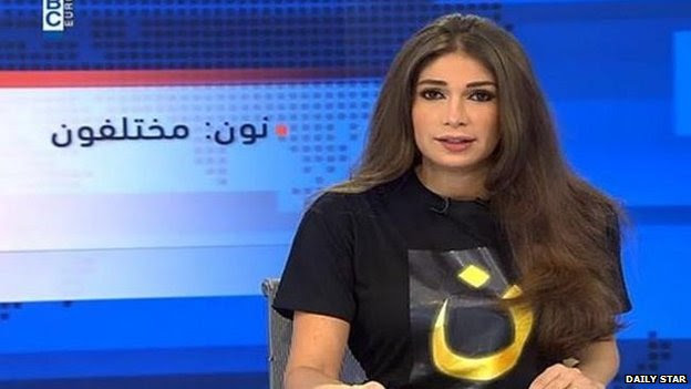 Newsreader Dima Sadeq on Lebanese TV wearing a T-shirt in solidarity with persecuted Iraqi Christians