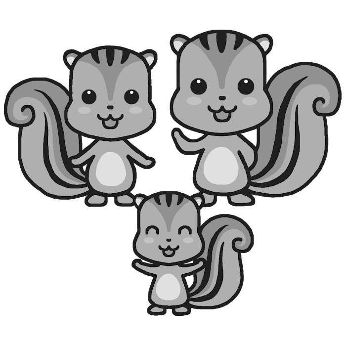 リス モノクロ 家族 かわいい動物の無料イラスト素材