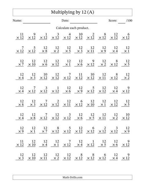  multiplying 1 to 12 by 12 100 questions a
