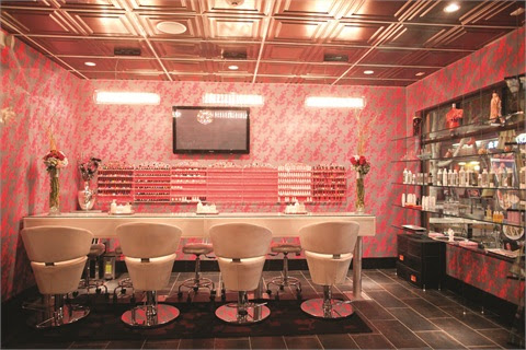 <p>Ki Nail Bar (shown) in Los Angeles is the girly Japanese sister of Chi Nail Bar in Beverly Hills. The wallpaper pattern used in both salons is identical, but at Ki its color is unabashedly pink, a distinction from Chi&rsquo;s earth tones.</p>