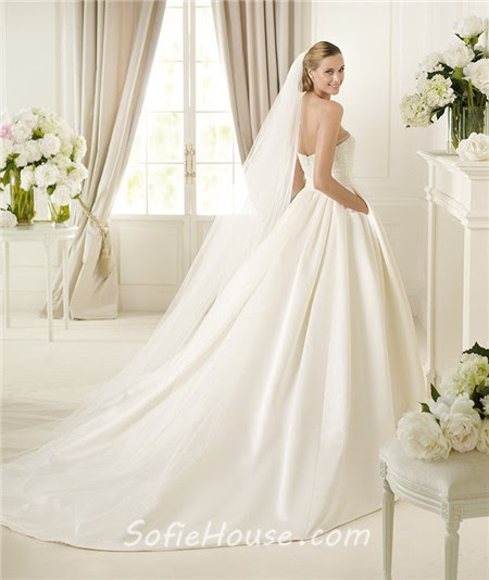  Simple  A Line Strapless Ivory Satin Beaded Pearl Wedding  