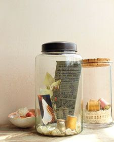 memories in a jar - I've seen these done for specific vacations/trips, but I like the idea of collecting different (related?) items from the past into a jar. Putting them in a jar would let me display them on shelves - and display them, period.