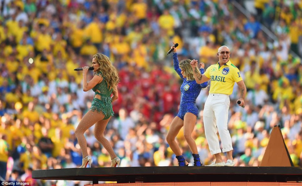 Popstar Jennifer Lopez and rapper Pitbull performed to thousands of people at the Arena de Sao Paulo in Brazil this evening as the opening ceremony of the World Cup got underway