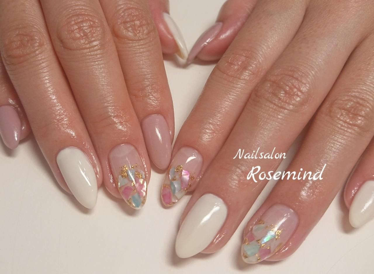 ジェルネイル19 夏ネイル シェルネイル シンプルネイル 阿南市 ネイルサロン Nail Salon Rosemind