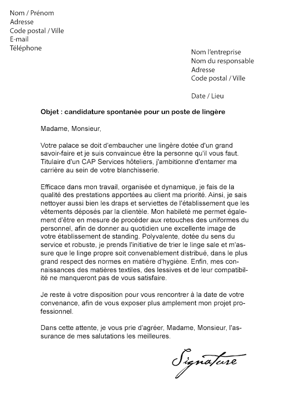Lettre de motivation Lingère (Grand hôtel) - Modèle de Lettre