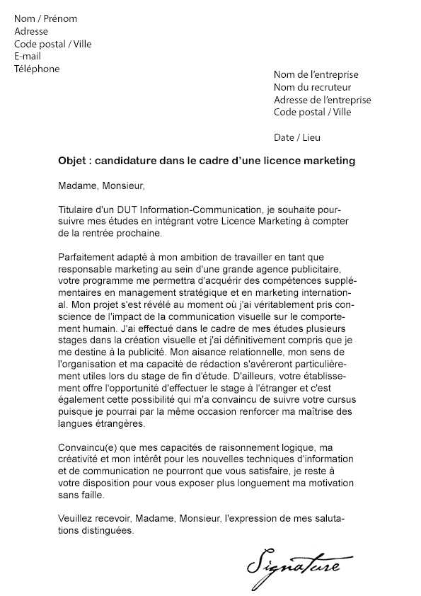 Lettre de motivation Licence Marketing - Modèle de Lettre