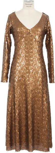 Bronzetone Vneck Sequins Embroidered Long Dress - Lyst