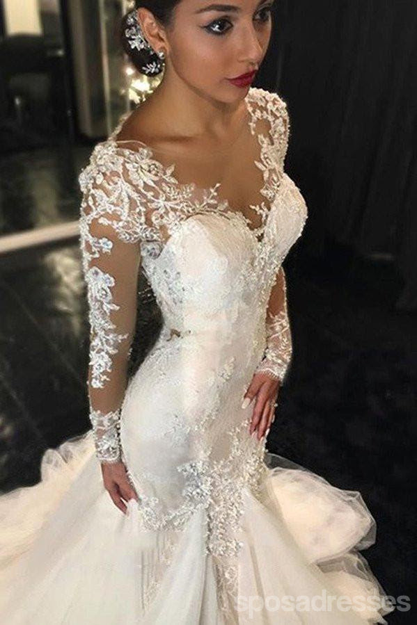 Long Sleeve Lace Mermaid Wedding Dresses See Through Long Custom Wedd Sposadresses