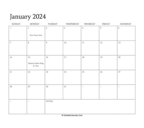 The template features a notes section to help you keep track of personal events as well as important dates and appointments at work. january 2024 editable calendar with holidays