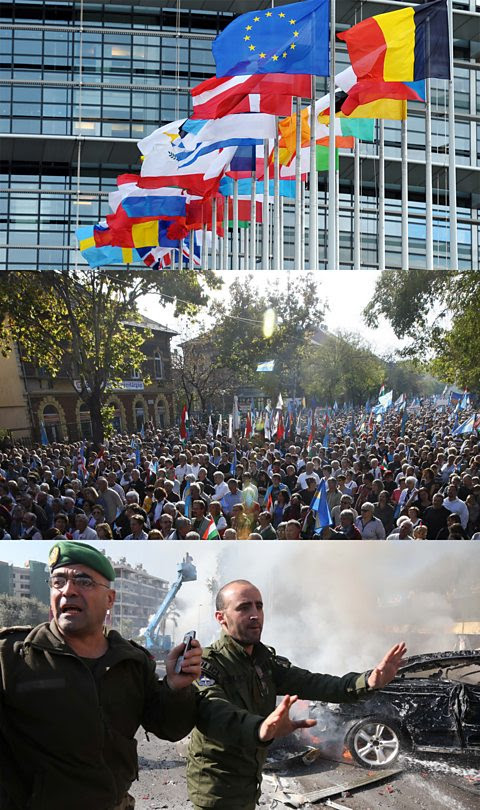 From top: The EU Parliament in Strasbourg, Protesters in Budapest, Security in Beirut