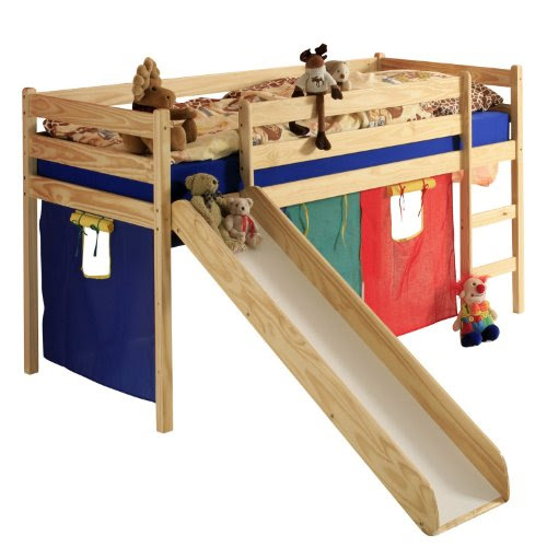 Lit surélevé chambre enfant, toboggan/rideaux bleu-rouge-vert