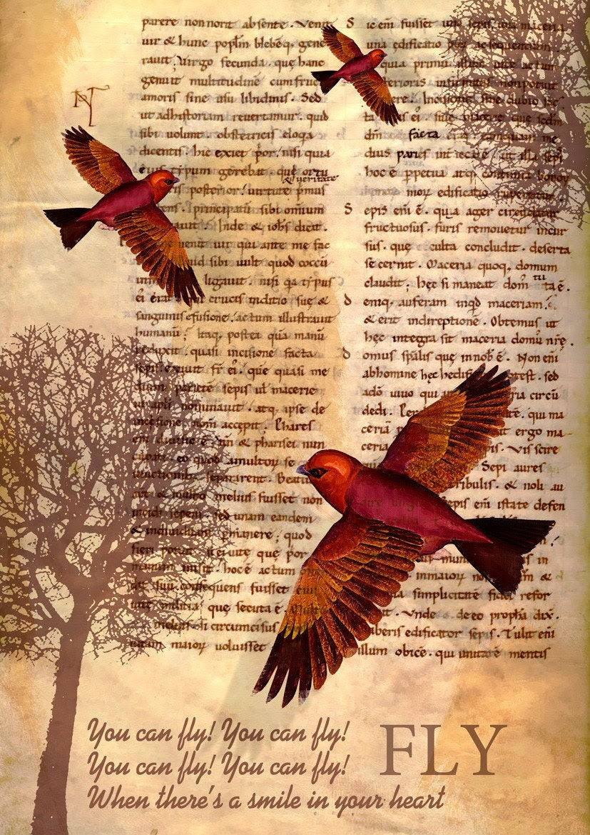 FLY - Poster print collage from an old page manuscript book in museum canvas - high quallity - size 11,69 X 16,535 inches 