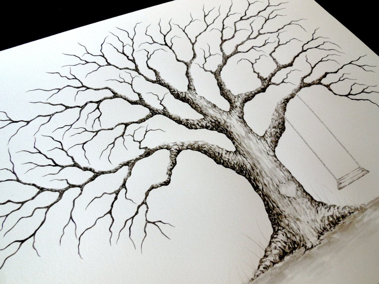 MEDIUM OAK Thumbprint Guest Book Tree with Swing and Heart - 20x16 Customized Giclée Print of my Original Painting. Up to 125 guests