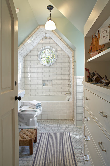 Vaulted Ceiling Shower - Cottage - bathroom - Tim Barber