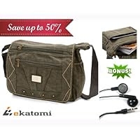 Olive Green Vintage Canvas Multi-purpose Messenger Body Travel Bag for 10 inch Samsung Galaxy Tab, GT-P7500 Tablet. Bonus mini stylus pen & ekatomi's screen cleaner sticker.