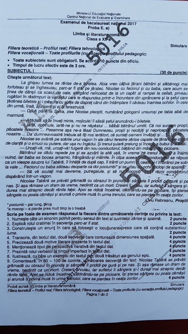Simulare Bac 2018 RomanÄ Subiecte Èi Barem Real Èi Uman Clasele A Xi A Èi A Xii A La Simulare Bacalaureat 2018