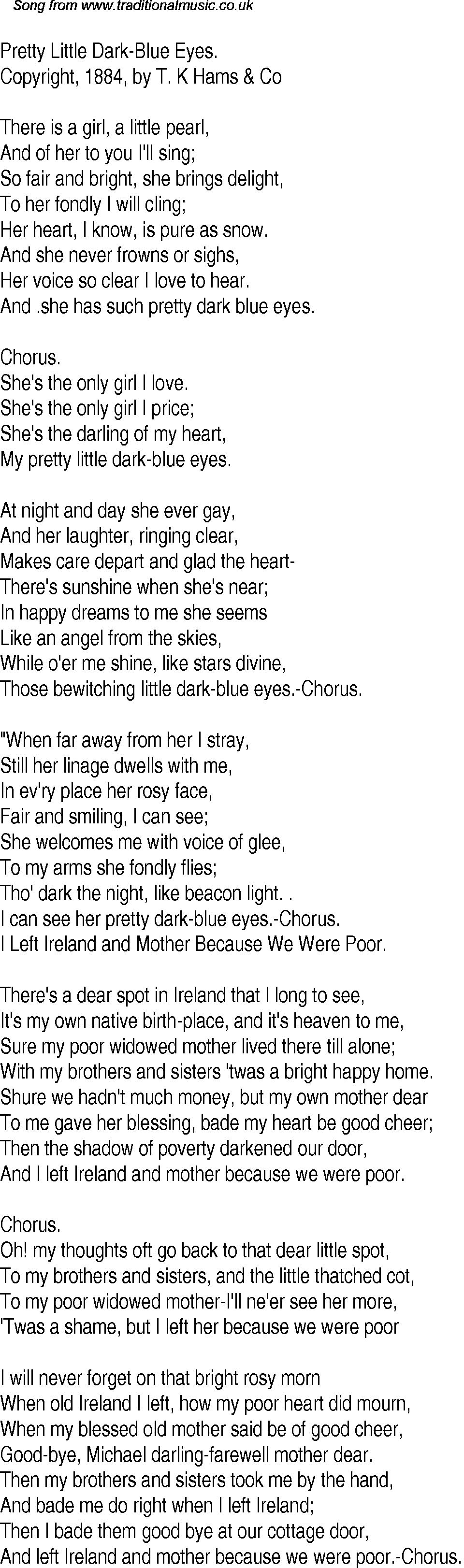Old Time Song Lyrics For 27 Pretty Little Dark Blue Eyes