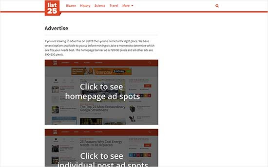 Advertise with us page on list25