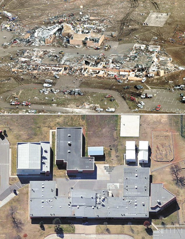 Montagem mostra escola Plaza Towers, em Moore, antes e após ser atingida por tornado