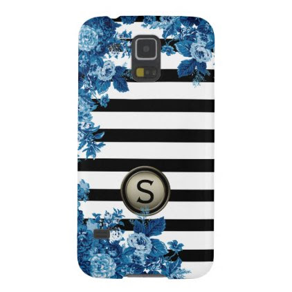 Black White Stripe Blue Floral Motif Monogram Case For Galaxy S5