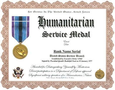 Humanitarian Medal Replacement Certificate