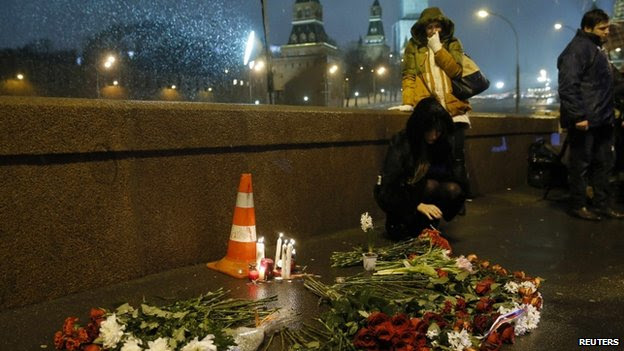 Flowers left at the site of Boris Nemtsov's killing, Moscow, 28 Feb 2015