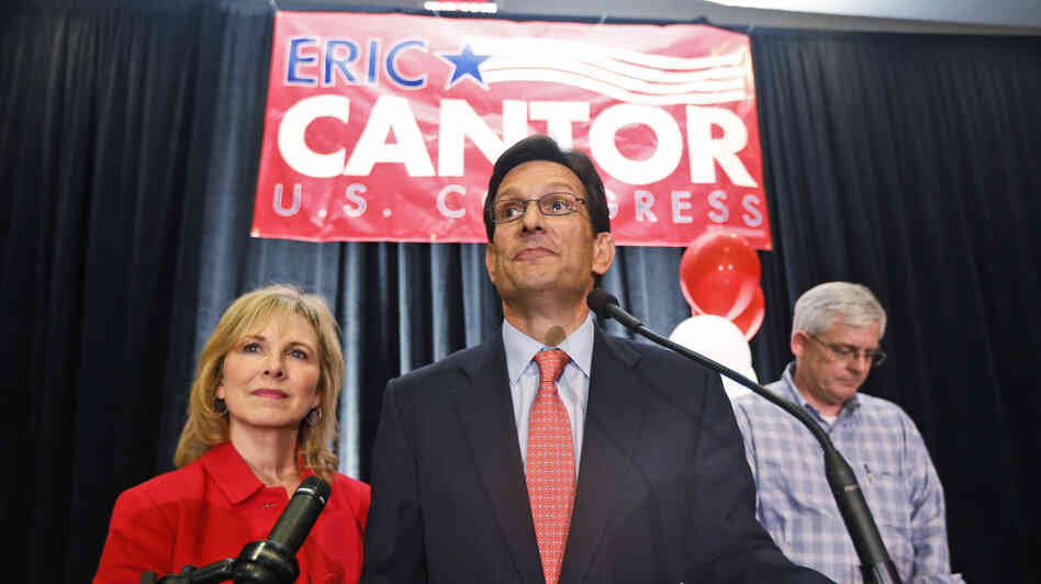 House Majority Leader Eric Cantor, R-Va., delivers his concession speech as his wife, Diana, listens in Richmond, Va., on Tuesday.