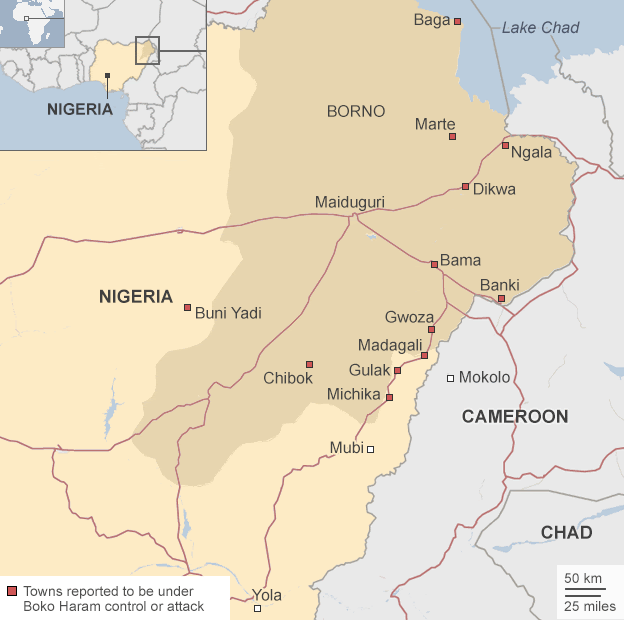 map showing areas under control of Boko Haram