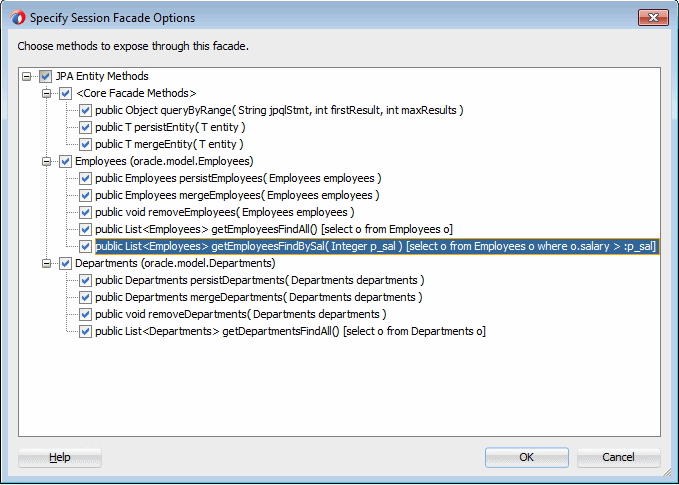 Specify Session Facade Options dialog