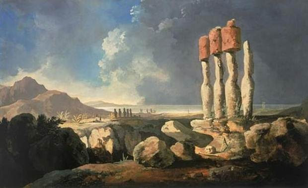 La primera pintura conocida sobre la Isla de Pascua, por William Hodges, 1775. 