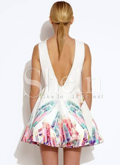 White Sleeveless Print V Back Flare Dress