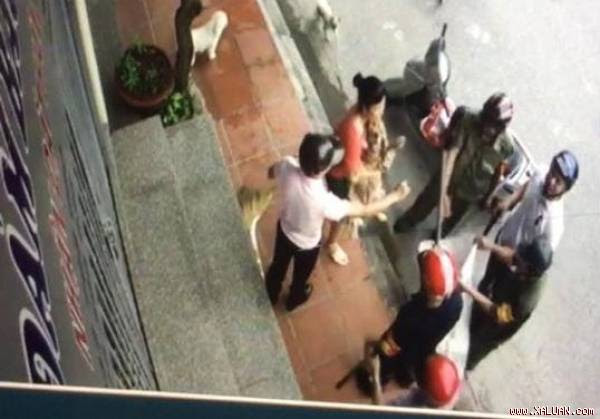  Nhóm đến vây bắt định cho vào bao tải thì một người phụ nữ ra ngăn cản và cố ôm con chó đưa vào trong nhà. (Ảnh cắt từ clip)