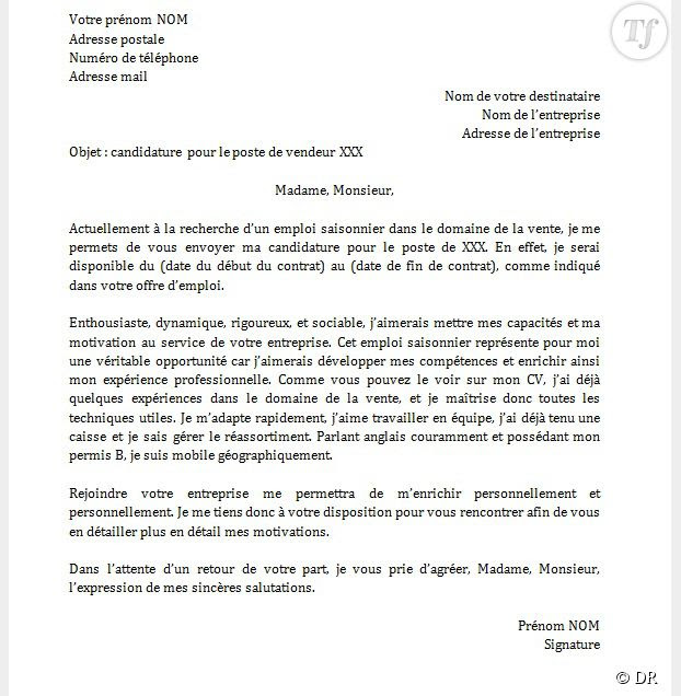exemple de lettre de vacances
