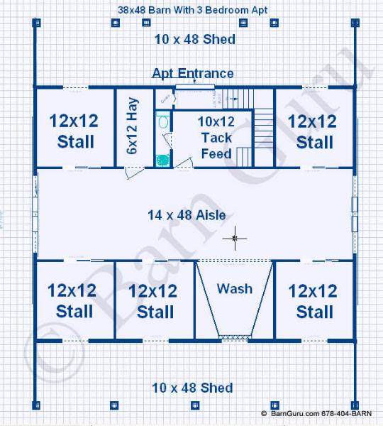 Barn Plans With Living Quarters -5 Stalls - 3 Bedrooms Design FP