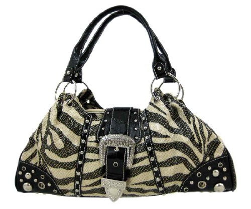 Zebra Striped Print Studded Rhinestone Buckle Purse